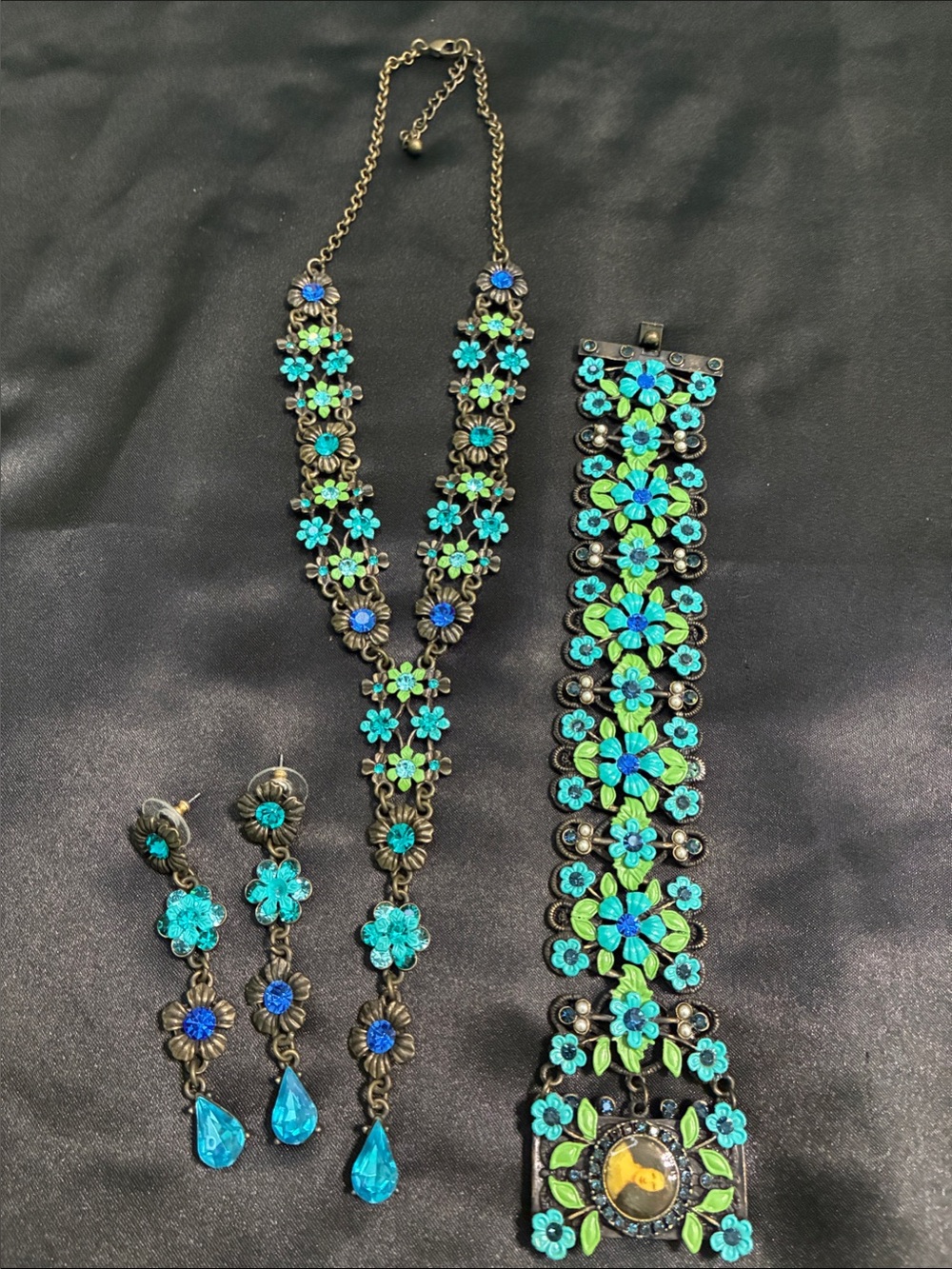 🔥Vintage Turquoise&Aqua Floral Necklace with Matching Portrait Bracelet&Earrings
